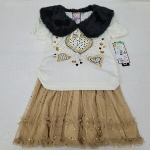 girl code Little Girls Cream & Gold Rhinestone Bedazzled Heart Shirt Tulle tutu